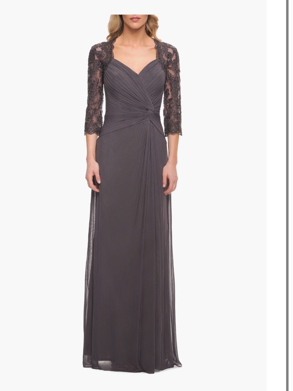 LA FEMME 30384 Ruched Twist Column Gown Gunmetal Lace Net Jersey $515 Size:18